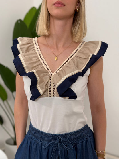 Top scollo V con frappa