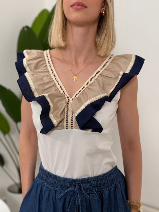 Top scollo V con frappa